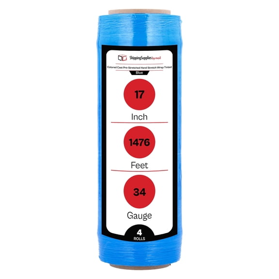 SSBM 17" x 1476' 3" Core Pre-Strech Blue Colored Film Plastic Hand Stretch Wrap for Branding, Irregular Shaped Items, 34Ga, 4 Rolls