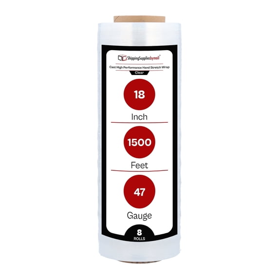 SSBM Cast Hand Stretch Wrap 18" x 1500' 8 Rolls 47 Gauge Clear Plastic Shrink Film for Packaging Storing