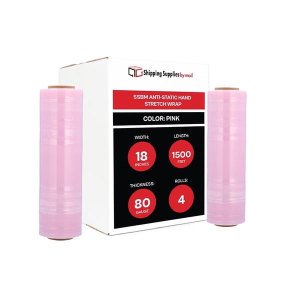 SSBM Anti-Static Hand Stretch Wrap 18" x 1500' 4 Rolls 80 Gauge Plastic Pink Palletizing and Bundling Electronic Products