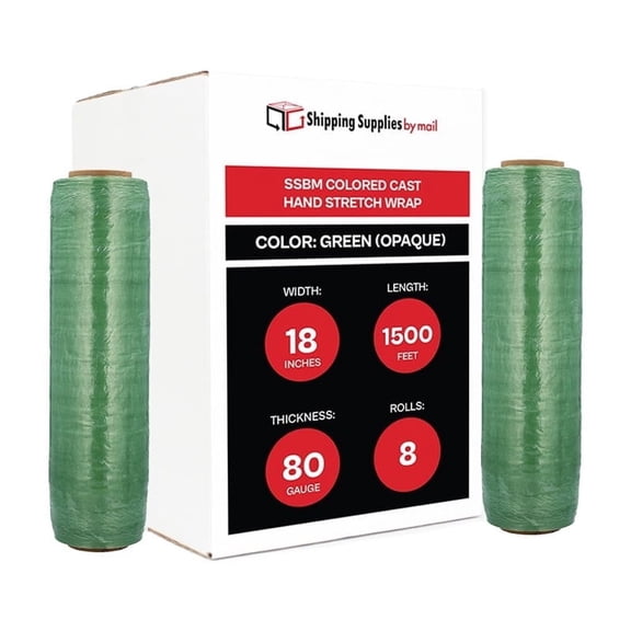 SSBM Green Opaque Cast Hand Stretch Wrap 18" x 1500' 8 Rolls 80 Gauge Plastic Self Adhesive Shrink Film for Wrapping