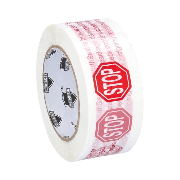 SSBM 2 Mil - Stop Sign Pre-Printed Packing Adhesive Tape Ideal for Fragile Material, Catches Attention, 2.83" x 110 Yards, White/Red, 12 Rolls