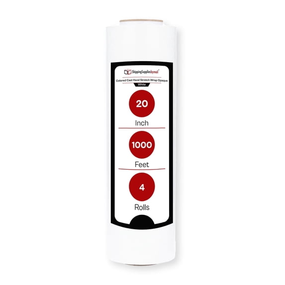 SSBM White Opaque Cast Hand Stretch Wrap 20" x 1000' 4 Rolls 70 Gauge Plastic Self Adhesive Shrink Film for Packaging