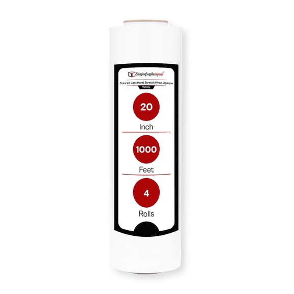 SSBM White Opaque Cast Hand Stretch Wrap 20" x 1000' 4 Rolls 70 Gauge Plastic Self Adhesive Shrink Film for Packaging