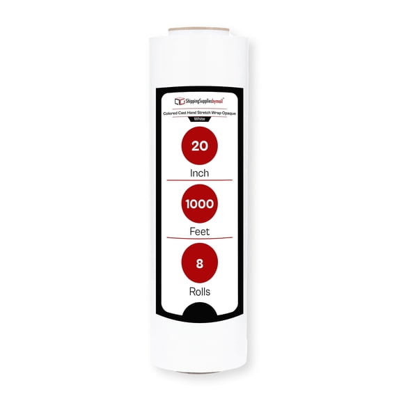 SSBM White Opaque Cast Hand Stretch Wrap 20" x 1000' 8 Rolls 70 Gauge Plastic Self Adhesive Shrink Film for Wrapping