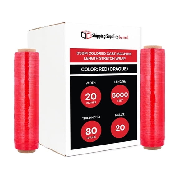SSBM Cast Red Machine Stretch Wrap 20 Inch x 5000 Feet 20 Rolls 80 Gauge Opaque Plastic Shrink Film for Packaging