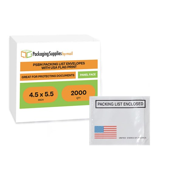 PSBM USA Panel Face Packing List Envelopes 4.5 x 5.5 Inch Back Load, 2000 Pack Clear Bags for Invoices & Shipping Slips