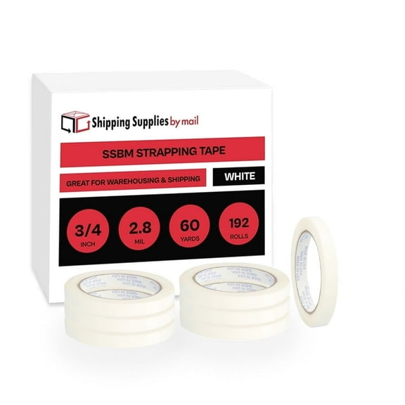 SSBM 3/4" x 60 Yards White Strapping Packing Tape, 2.8 Mil, Strong Adhesive for Securing Loads, 192 Rolls