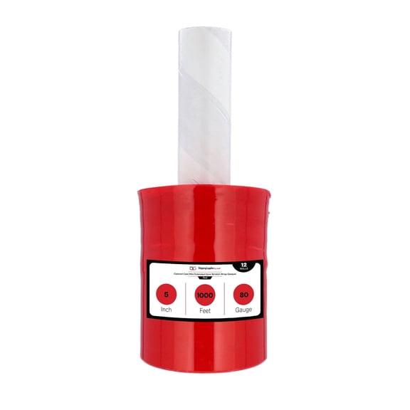 SSBM Red Mini Stretch Wrap with Preattached Handles 5" x 1000' 12 Rolls 80 Gauge Plastic Shrink Film for Moving Packing