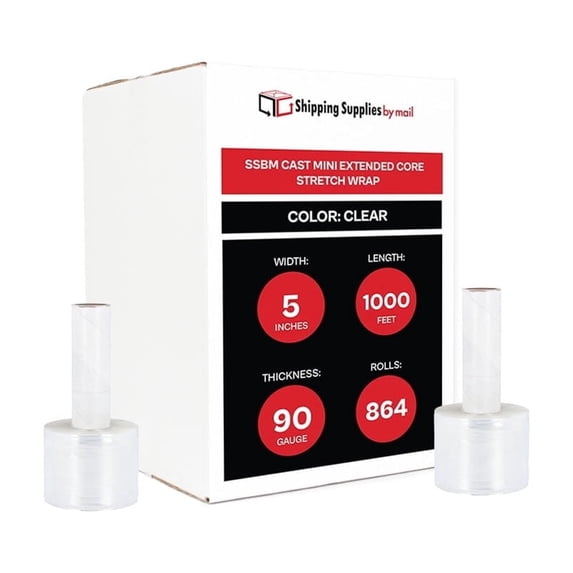 SSBM Mini Hand Stretch Wrap with Extended Core Handle 5" x 1000' 864 Rolls 90 Gauge Clear Plastic Shrink Film for Packing Moving Wrapping