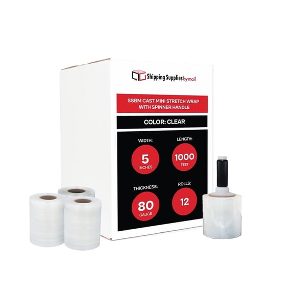 SSBM Cast Mini Hand Stretch Wrap 5" x 1000' 12 Rolls 80 Gauge Clear Shrink Film for Packing & Moving with Plastic Spinner Handle