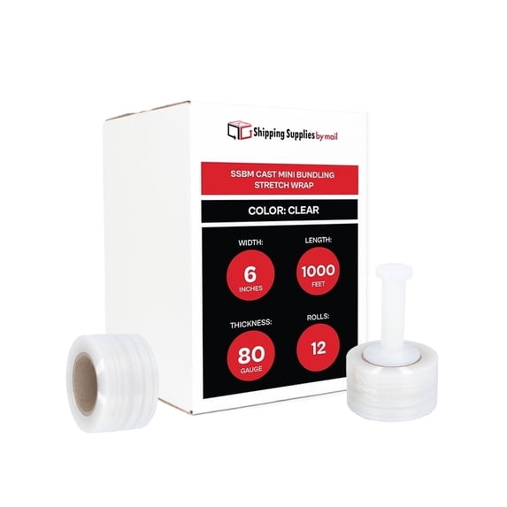 SSBM Cast Mini Hand Stretch Wrap with Handle 6" x 1000' 12 Rolls 80 Gauge Clear Shrink Film for Packing Shipping