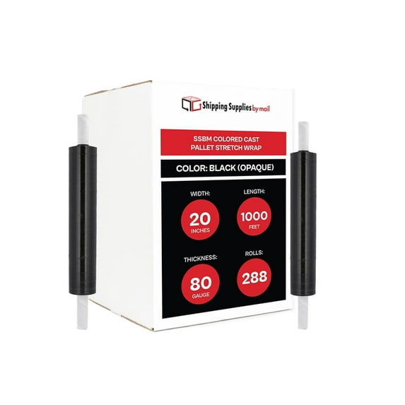 SSBM Cast Stretch Wrap with Extended Core Handles 20 Inch x 1000 Feet 80 Gauge 288 Rolls Plastic Black Opaque Hand Shrink Film for Wrapping