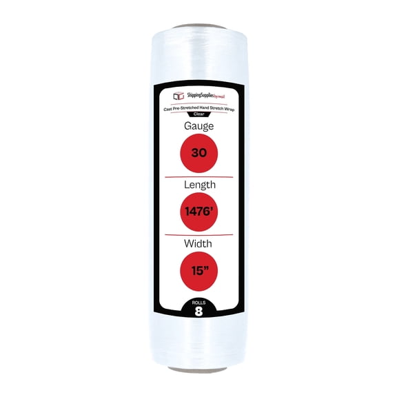 SSBM Cast Hand Pre-Stretch Wrap 15" x 1476' 8 Rolls 30 Gauge Clear Shrink Film for Packing Boxes, Pallets, Storage