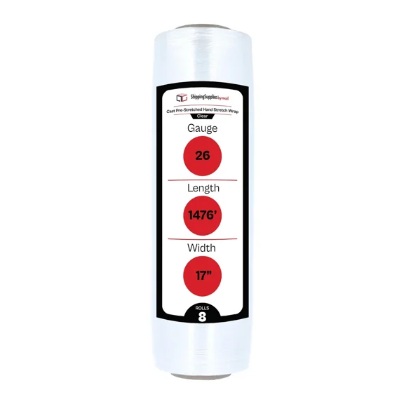 SSBM Cast Hand Pre-Stretch Wrap 17" x 1476' 8 Rolls 26 Gauge Clear Shrink Film for Packing Boxes Wrapping Pallets