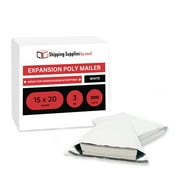 SSBM Expansion Poly Mailers, 15x20 Inch, 200 Pack, Expandable Gusseted Shipping Envelope For Bulky Items Like Books & Clothing, Self Seal, White/Grey