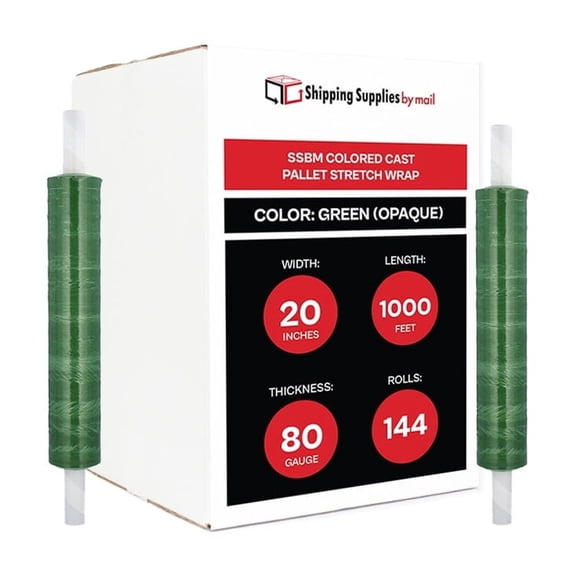 SSBM Extended Core Cast Stretch Wrap 20 Inch x 1000 Feet 80 Gauge 144 Rolls Plastic Green Opaque Hand Shrink Film for Packaging