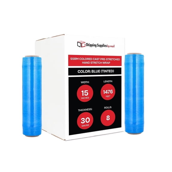 SSBM Pre-Stretch Blue Hand Wrap 15" x 1476' 8 Rolls 30 Gauge Plastic Tinted Shrink Film for Wrapping Industrial Use