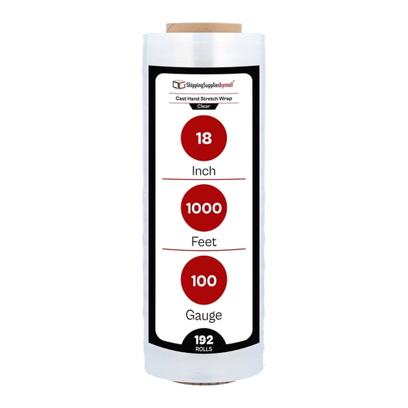 SSBM Cast Hand Stretch Wrap 18" x 1000' 192 Rolls 100 Gauge Clear Plastic Shrink Film for Packing Moving Packaging and Wrapping