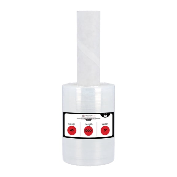 SSBM Extended Core Mini Stretch Wrap 5" x 1000' 45 Gauge 12 Rolls Clear Plastic Down Gauge for Moving Packing