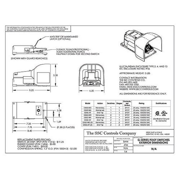 SSC Controls G500-MO Foot Switch, Heavy Duty, Made in USA, Electrical, Momentary Action, Single Pedal, Industrial, UL, CSA, Replaces 531-SWH, 531-SWHOX, SPDT, 20 Amp
