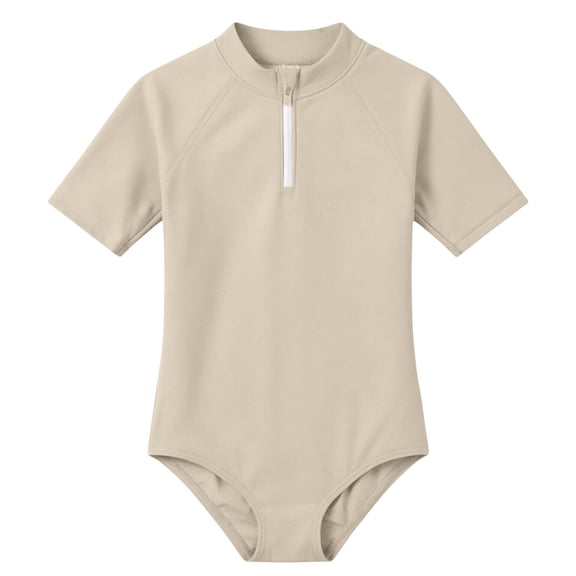 SSCMYXG Girls Half Sleeve Rash Guard Swimsuit, Zipper Front UPF50+ 1 Piece Bathing Suit for Kids Beach Pool Khaki 8-9 Years