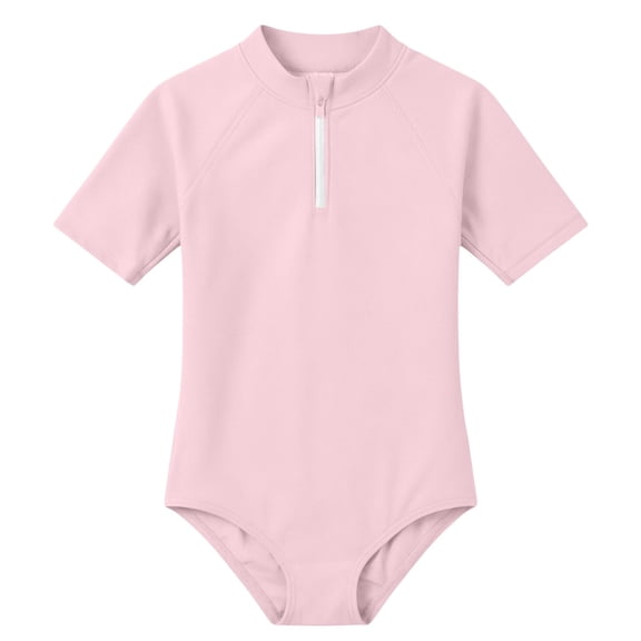 SSCMYXG Girls Half Sleeve Rash Guard Swimsuit, Zipper Front UPF50+ 1 Piece Bathing Suit for Kids Beach Pool Light Pink 8-9 Years
