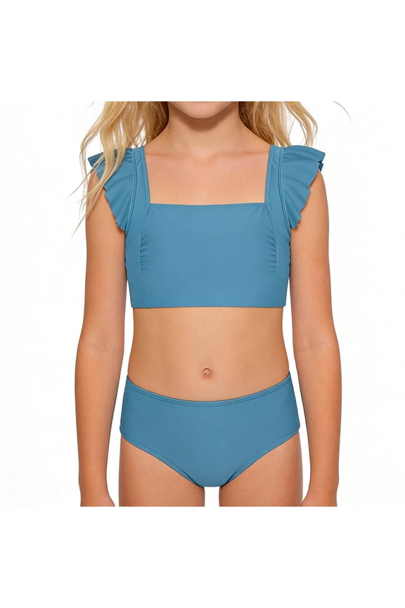 Tween Girls Square Neck Bikini Set, Ruffle Trim Ruched Top with Mid-Rise Bottom, Swimwear for Summer Navy 9-10 Years