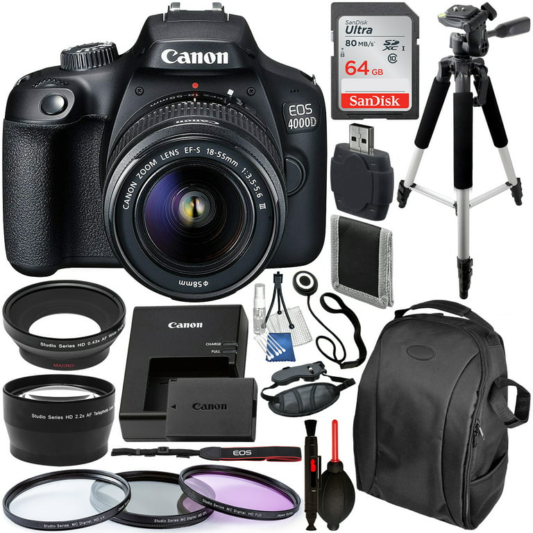 SSE Canon EOS 4000D / Rebel T100 DSLR Camera with 18-55mm III Lens and  Essential Accessory Bundle - Includes SanDisk Ultra 64GB SDXC Memory Card &  3 Piece Multi-Coated Filter Set 