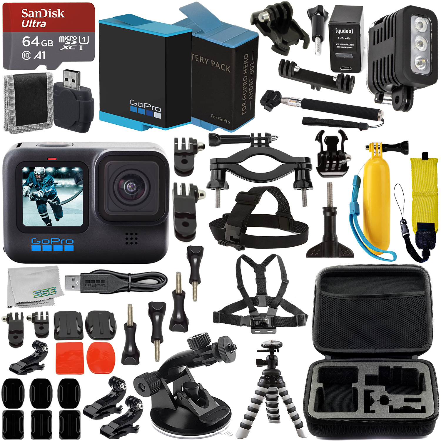 SSE GoPro HERO10 (Hero 10) Black with Premium Accessory Bundle: SanDisk Ultra 64GB microSD Memory Card, Replacement Battery, Underwater LED Light with Bracket, Water Resistant Protective Case & More - image 1 of 10
