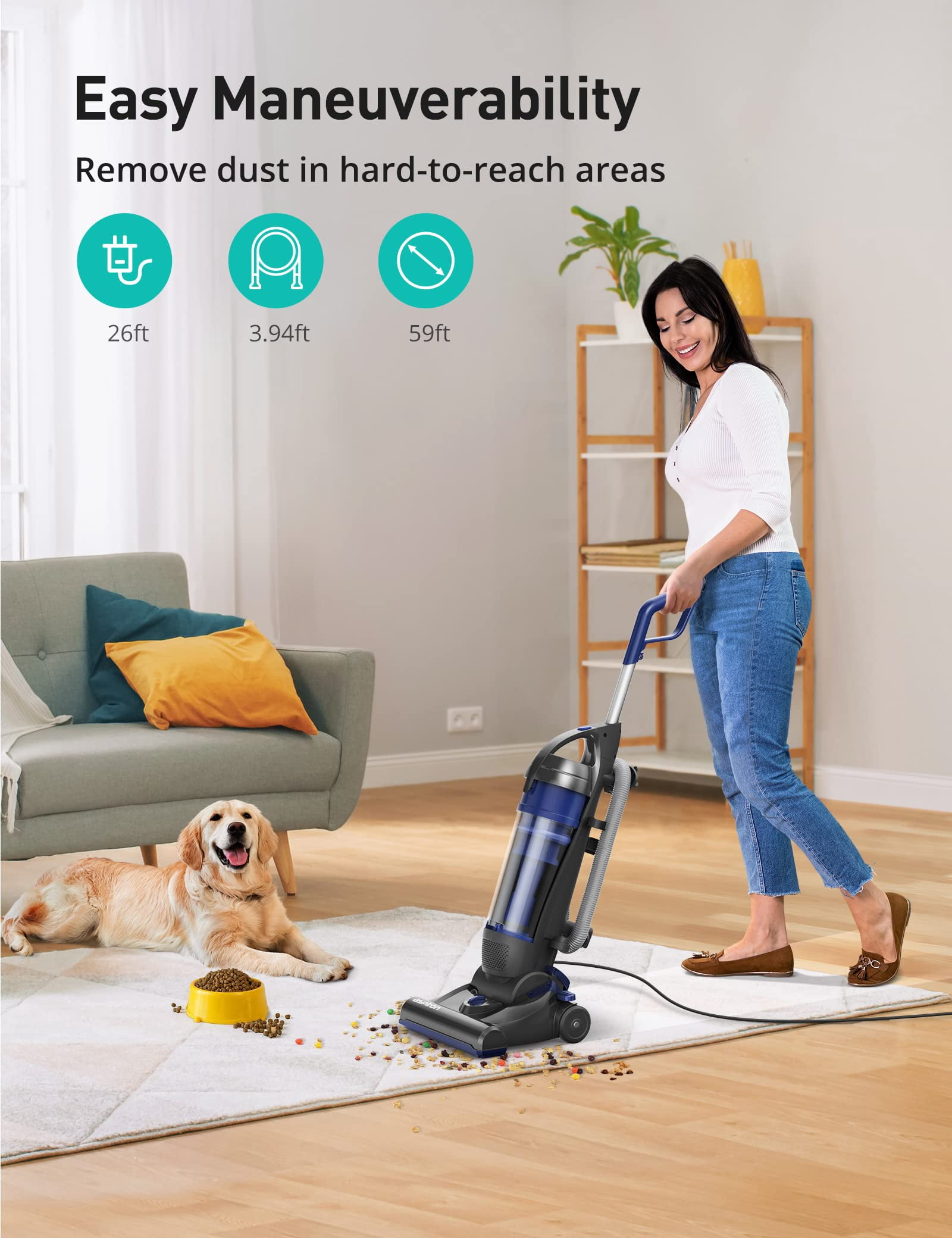 SSG Upright Vacuum Cleaner, Aspiron 1200W 25kPa 5-Mode Bagless Vacuum w/ Crevice Tool & Extension Wand, 3L Dust Cup w/ HEPA Filter, Upright Vacuum for Carpet, Pet Hair, Hard Floor, Tile Particles