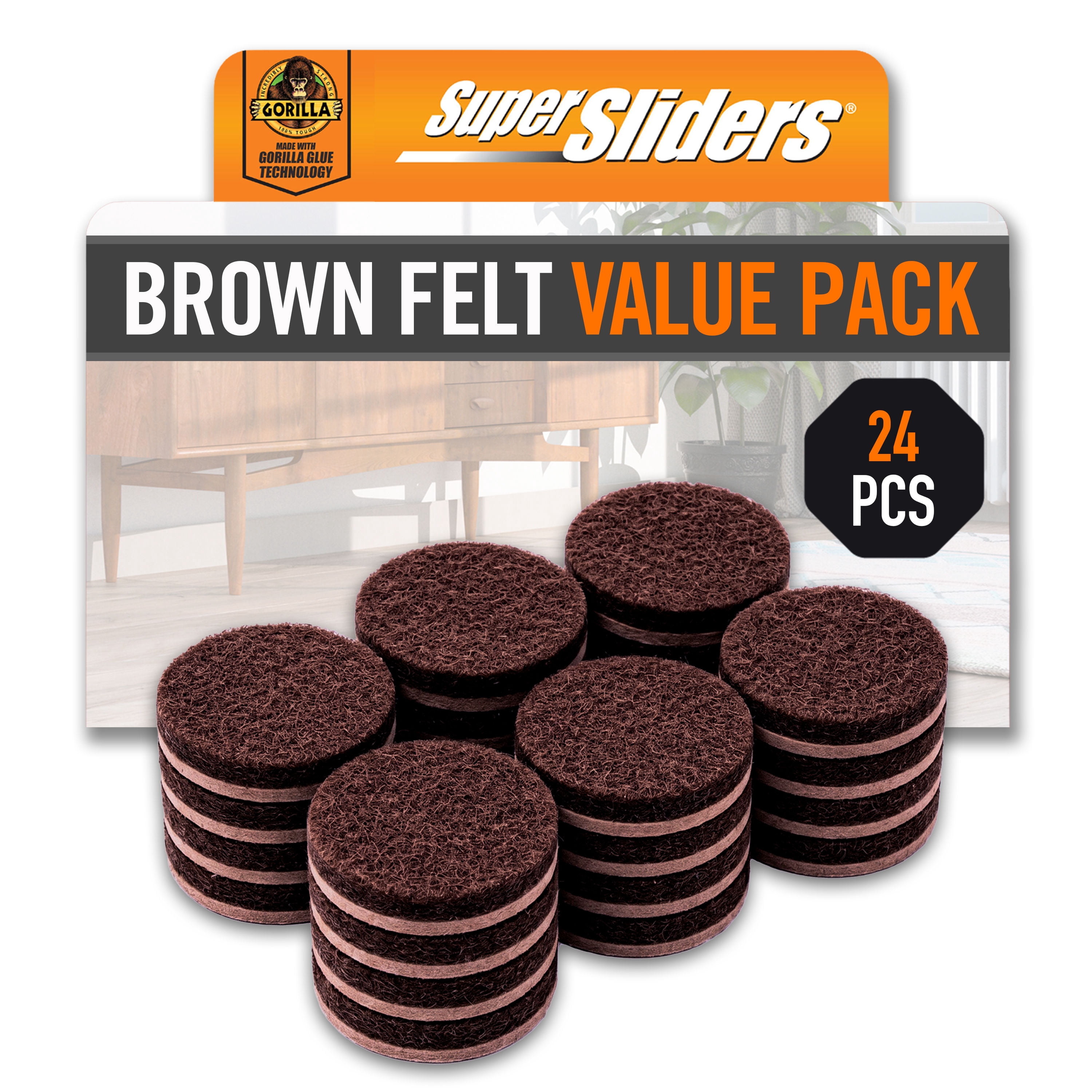 Super Sliders 1.5 Inch Round Felt Pads Brown 24 Pack