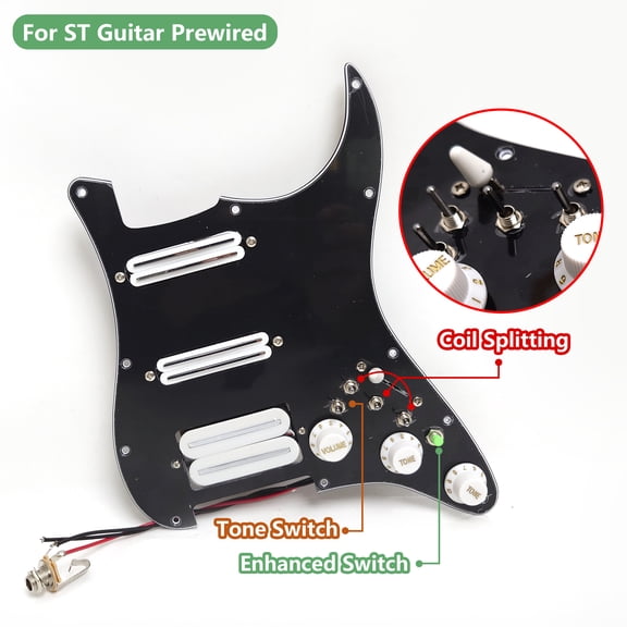 SSH Prewired Loaded Pickguard for ST Style Electric Guitar, Coil Splitting Humbucker & 2 Single Coil Pickups, 11 Hole Replacement Pickguard Assembly with 5 Way Switch, Full Wiring Kit