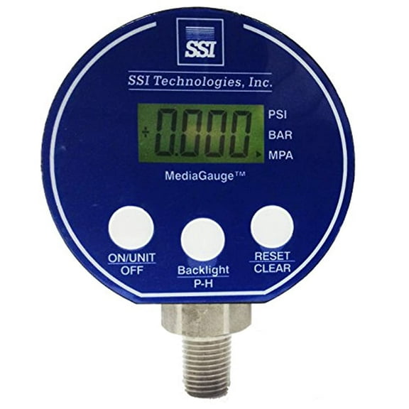 SSI TECHNOLOGIES MG 9V Series Media Gauge Digital Pressure Gauge Sensor with LCD Display 5000psig Operating Pressure 9V 0 25 Accuracy 1 4 18 NPT Male Process Connector Type