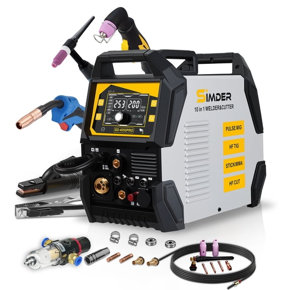 SSIMDER 10-in-1 MIG Welder , Pulse MIG Aluminum Spool Gun 200A Dual Voltage, HF TIG w/Pedal Port, Synergic Auto-Set, Auto Repair Farm DIY, Pilot Arc 50A Plasma Cutter Combo