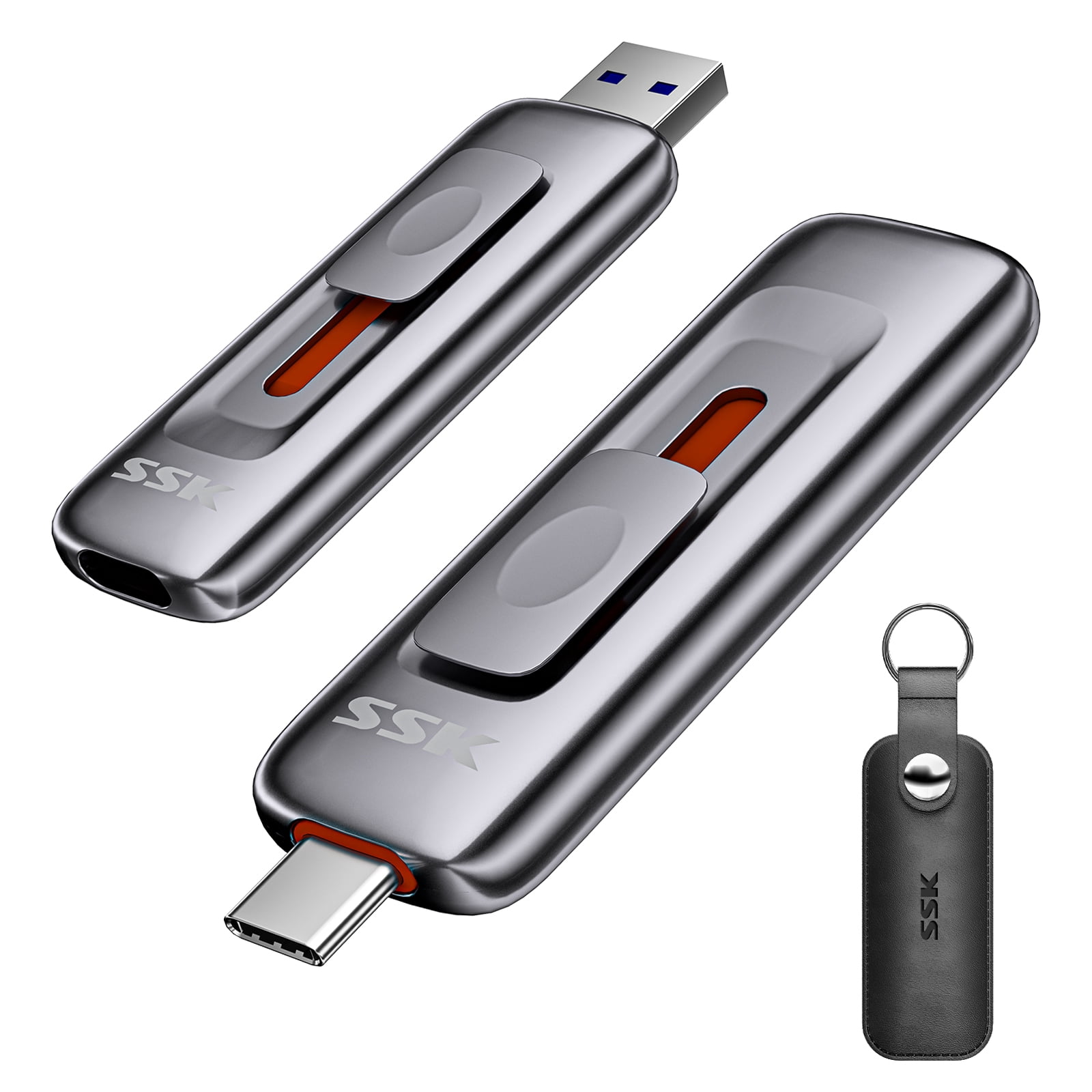 SSK 256GB Flash Drive SSD External, Push-Pull USB Drive up to 1000MB/s Dual Head, Thumb Drive-USB SSD Memory Stick for iPhone 15/16/17, Android, Tablet, Win& Mac Zinc Alloy