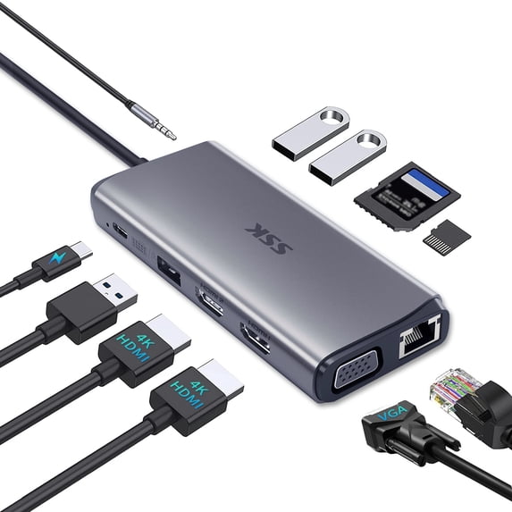 SSK USB C Laptop Docking Station Dual Monitor HDMI 4K/60Hz Multiport Adapter 11 in 1 USB C Hub, Thunderbolt Dock Triple Display with 2 HDMI+VGA,RJ45 Ethernet,100W PD,3 USB for MacBook,Dell,HP,Lenovo