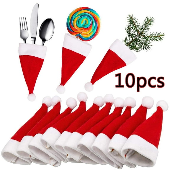 SSKDBFJG 10 Pieces Mini Santa Hat Cups Bottle Caps, Red Small Santa Hats Silverware Holder Table Decorations