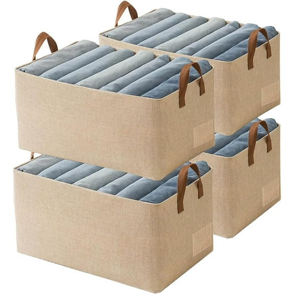 SSKDBFJG 4 Pcs Closet Clothes Organizer with Handle, Closet Shelf Fabric Storage Box Steel Frame, Stackable Shelf Storage Baskets Foldable Wardrobe Storage Box for Clothes Toys, 23L (2 Gray 2 Beige)