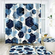 SSKDBFJG 4Pcs Sky Blue Geometric Shower Curtain Set with Navy Blue Abstract Art, 12 Hooks, Bath Mat and Rugs