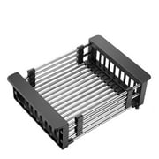 SSKDBFJG Extendable Dish Drying Rack, Over the Sink Drying Rack, Kitchen Drainage Tray and Fruit Drain Rustproof Stainless Steel-Black