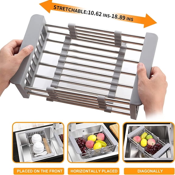 SSKDBFJG Extendable Dish Drying Rack, Over the Sink Drying Rack, Kitchen Drainage Tray and Fruit Drain Rustproof Stainless Steel-Gray