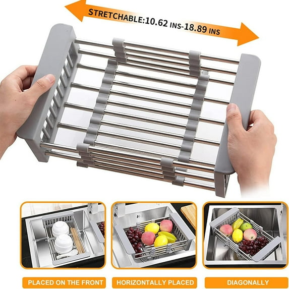 SSKDBFJG Extendable Dish Drying Rack, Over the Sink Drying Rack, Kitchen Drainage Tray and Fruit Drain Rustproof Stainless Steel-Gray