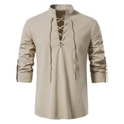 SSKDBFJG Mens Retro Style Drawstring Tie Long Sleeve Shirt, Casual Mens Tops Standing Collar Shirt KhakiXL