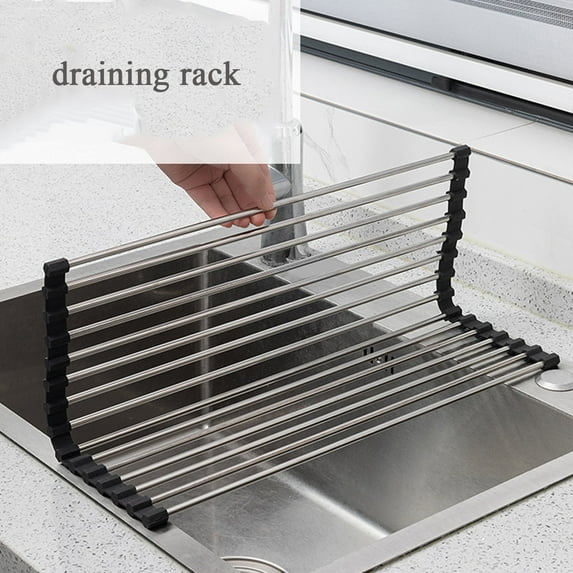 SSKDBFJG Roll Up Dish Coat Rack 18pcs Stainless Steel Link Collapsible Sink Dish Rack, L17"*H14" - Black