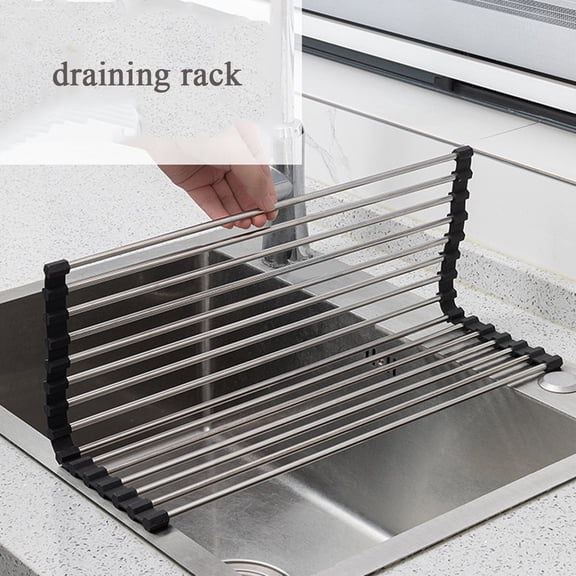 SSKDBFJG Roll Up Dish Coat Rack 18pcs Stainless Steel Link Collapsible Sink Dish Rack, L17"*H14" - Black