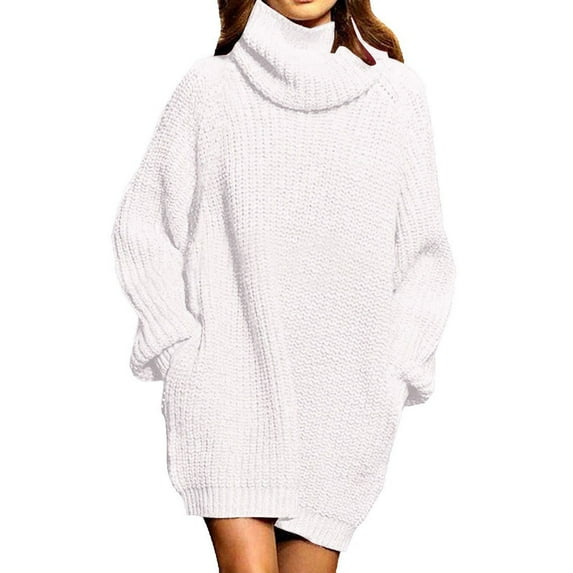 SSKDBFJG Women's Turtleneck Sweater-Oversized Sweater Loose Pullover Knit Dress(White) M