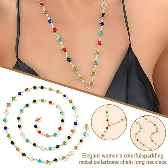 SSKFHGI #3 European And American Jewelry Temperament Women'S Colorful Crystal Metal Clavicle Necklace Simple Long Chain Tassel Necklace