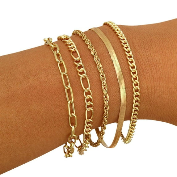 SSKFHGI 5PcsSet Fashion Thick Chain Link Bracelets Set For Women Gold Color