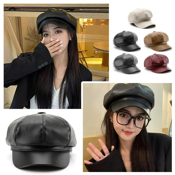 SSKFHGI 8 Panels Newsboy Caps for Women PU Leather Cabbie Painter Hat Beret Cap