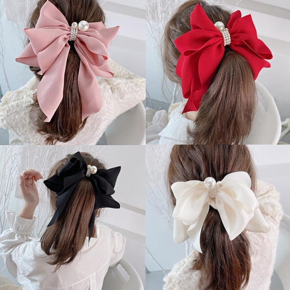 SSKFHGI Apricot Bow Hairpin Chiffon Pearl Clip Side Clip Cute Female Hair Accessories
